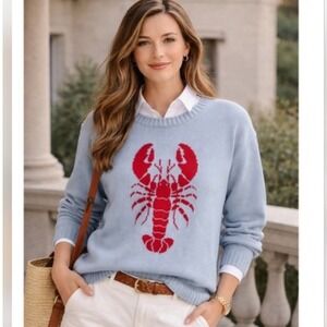 Mighty Fine Women's Lobster Knit Sweater Light Blue Coastal Preppy Size S NWT